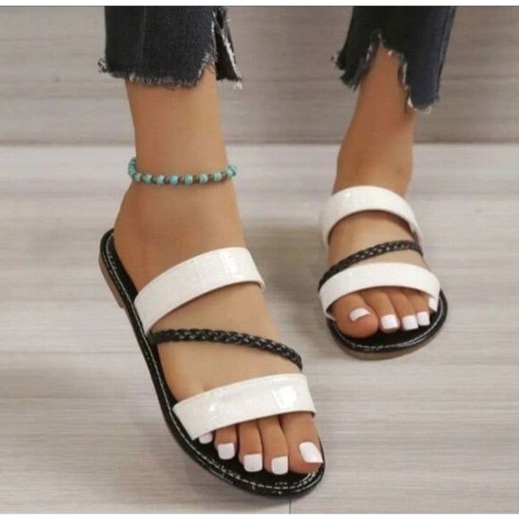 Women's PU Leather Slippers, Open Round Toe Flats sz 8.5 - Picture 3 of 3